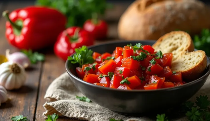 Salat aus gerösteten Paprika und Tomaten für eine perfekte sommerliche Erfrischung