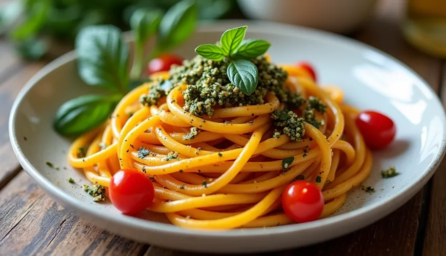Gesunde Kürbisspaghetti mit Pesto für ein schnelles und einfaches Gericht